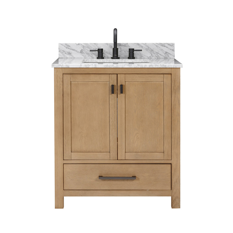 Modero 30" Single Bathroom Vanity with Top, Carrera White Marble, Brushed Oak, Black