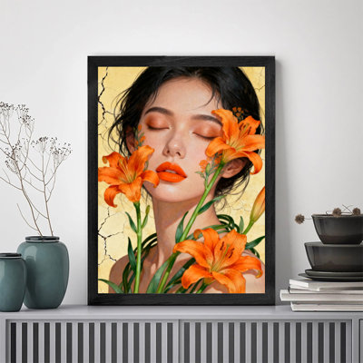 Reproduction d'art encadrée noire, lis orange et beauté rétro