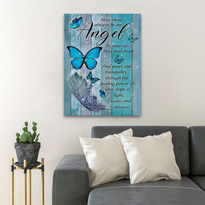 Blue Butterflies And Feather - May There Always Be An Angel - 1 Piece Rectangle Graphic Art Print On Wrapped Canvas