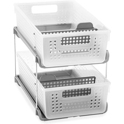 2-Tier Under Sink Bath Organizer – Frost – Sliding Drawers With Adjustable Dividers, Pull-Out Baskets For Cleaning Supplies, Pantry, Sponges, Bottles & Kitchen Essentials