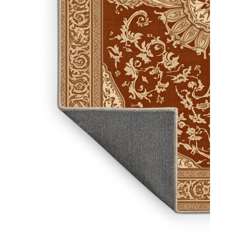 Tapis oriental doux et moelleux de style oriental orné en brun - reliure beige, Rond 3 pi
