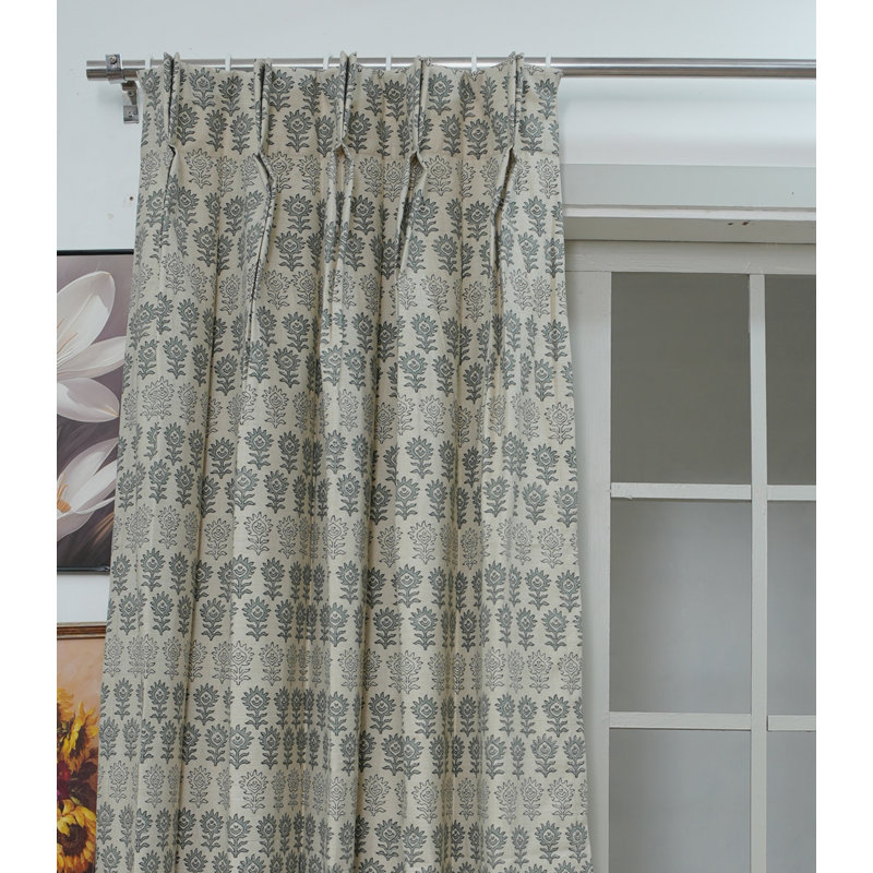 Floral Block Print Linen Pleated Curtain – Surajmuki Gray Floral Light Filtering Window Curtain, 27" W X 24" L