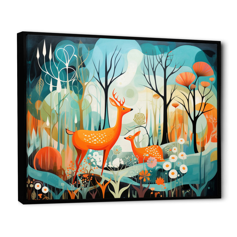 Teal Mid Century Mod Nature - Animals Canvas Wall Art, H 30 po x l 40 po x P 1,5 po, Cadre flottant noir