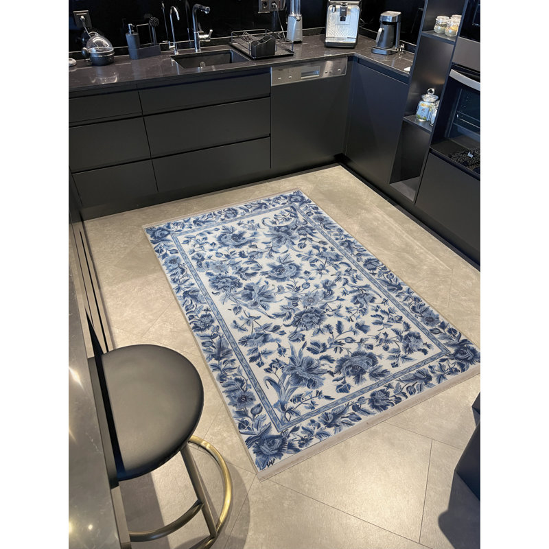 Tapis décoratif moderne à motif floral foncé et à franges bleu foncé, Rectangle 3 pi 11,24 po x 5 pi 10,87 po