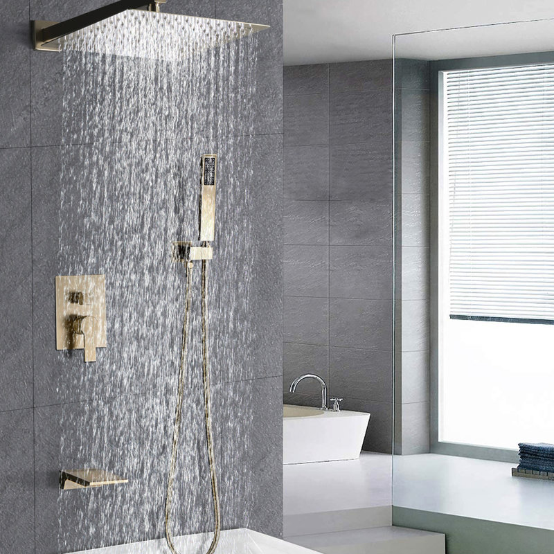 Shower System With 12" Rain Head, Handheld, Wall Mount, Ceramic Disc, Balanced, Stylish Outlook, Brushed Gold Fashion Forward