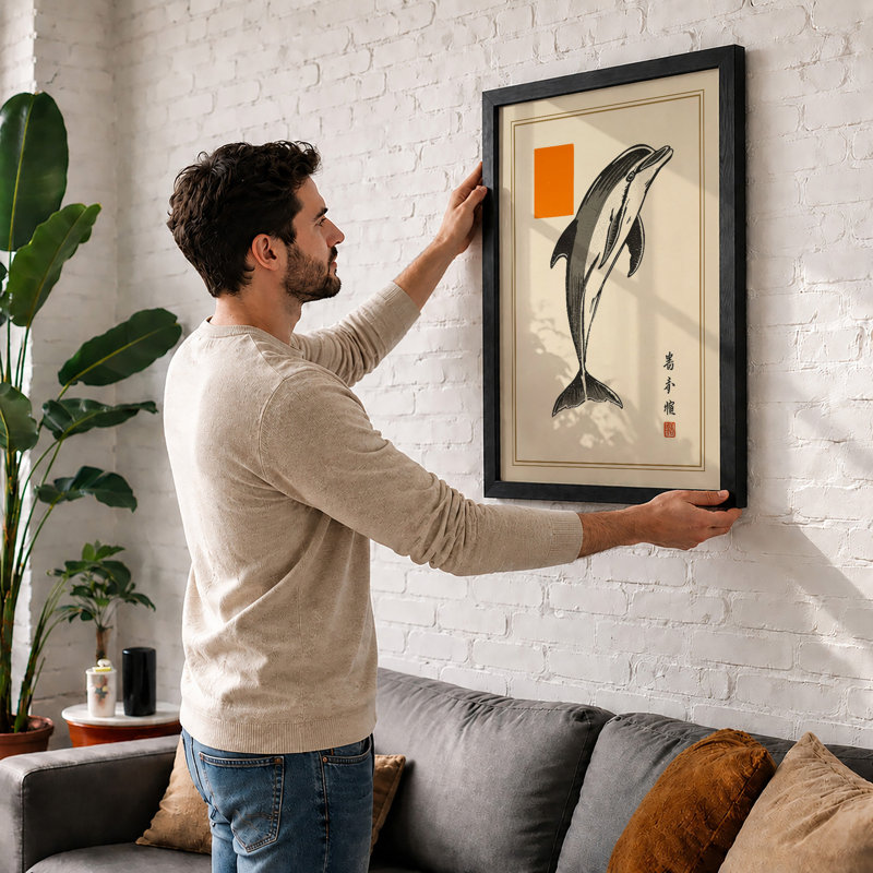 Leaping Dolphin Japandi - Framed Print, A4 - 29.7 x 21.0 cm, Unframed