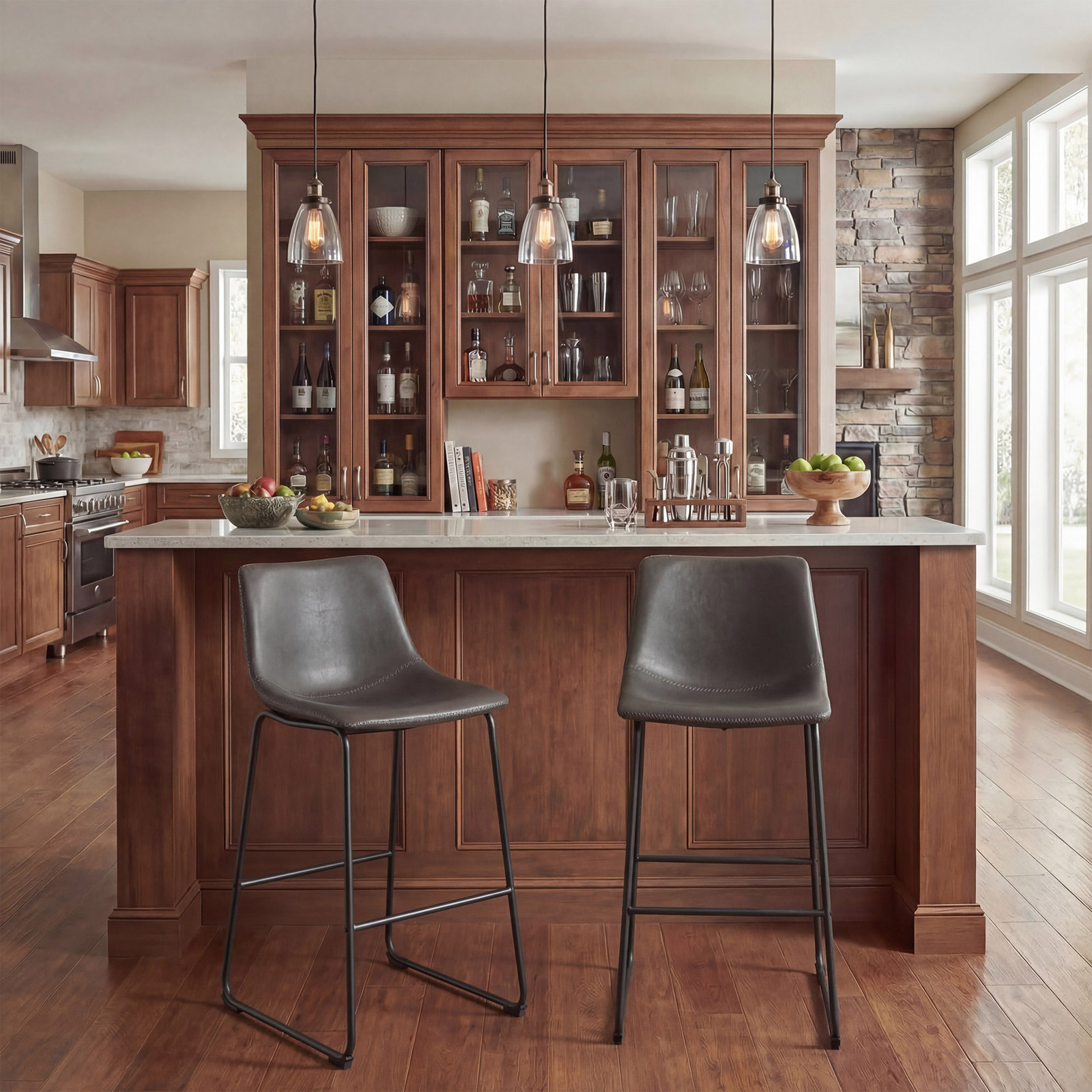 Anke Vegan Leather Armless (Set of 2), Dark Brown, Counter Stool (24” Seat Height)