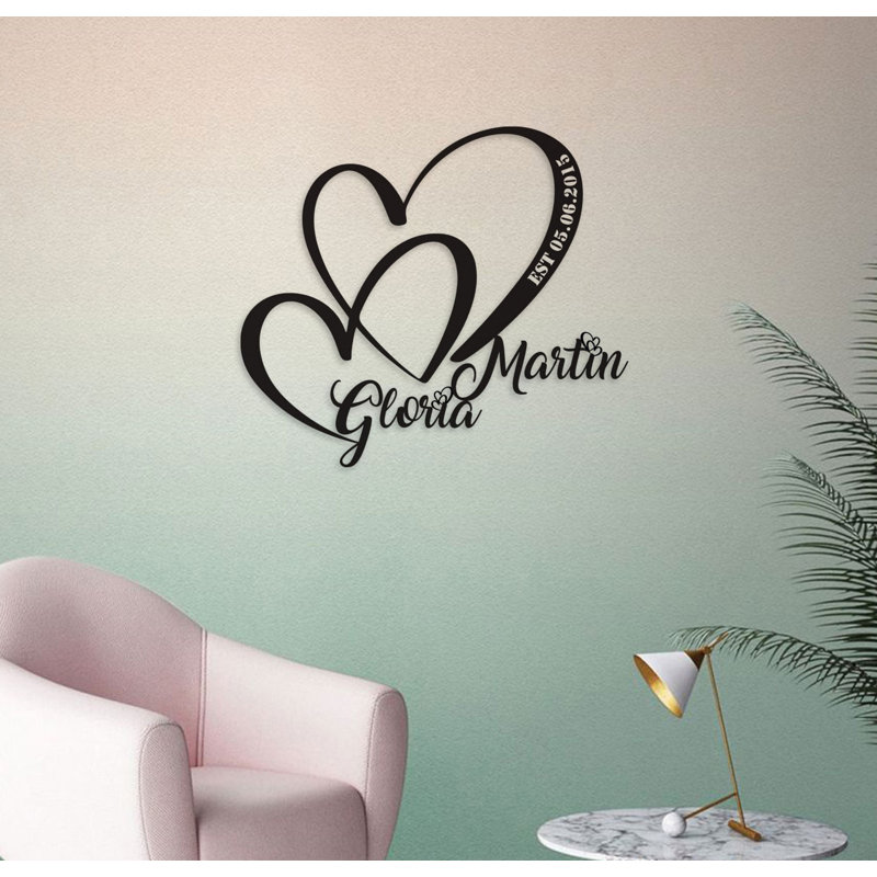 Décoration murale personnalisée en métal double cœur et amour pour la Saint-Valentin ou cadeau de mariage, Noir mat, Oui