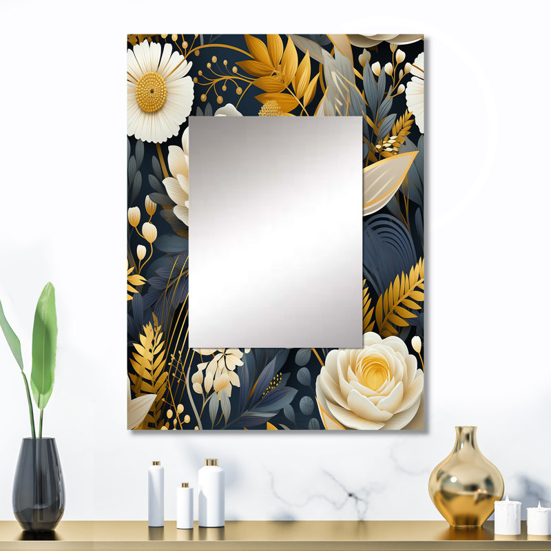 Kenniyah Enchanted Gardens, motif doré et gris - miroir mural décoratif floral, grand miroir floral, impression d'art en métal