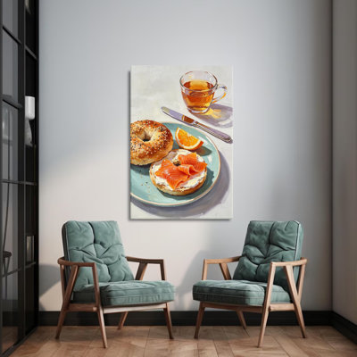Tableau à l'huile sur toile, style empâtement, représentant un petit-déjeuner bagel, 61 x 91 cm (24 x 36 pouces), impression sur châssis entoilé, nature morte orange et crème pour la cuisine, la salle à manger et le coin repas.