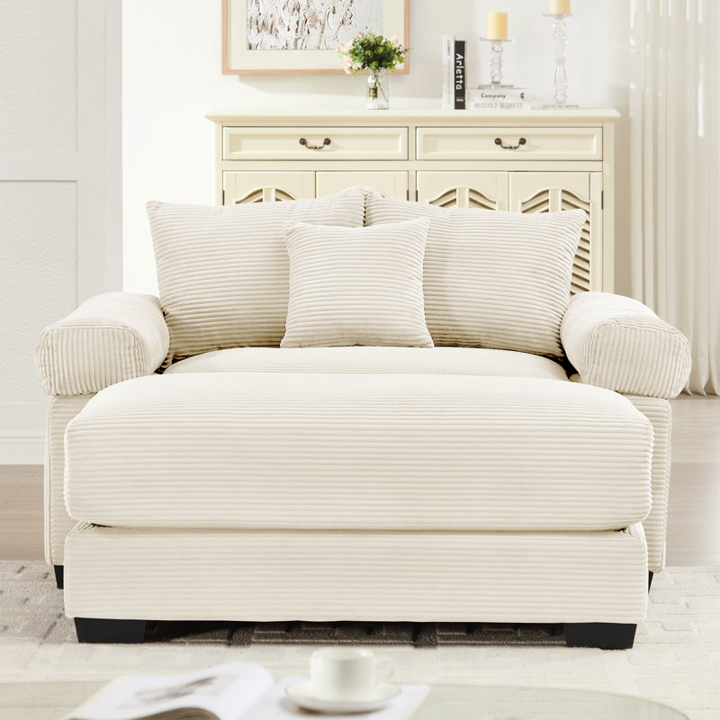 Flyn 54.3" Corduroy Upholstered Accent Chair with Ottomans & Pillow, Beige