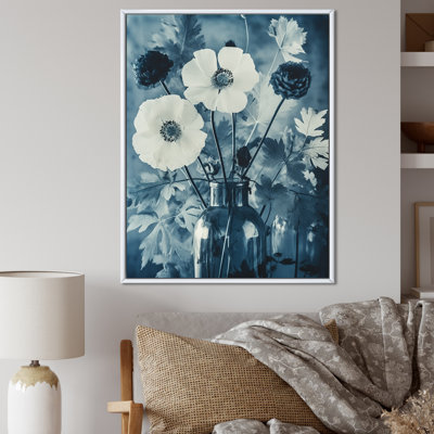 Blooming Anemones Flowers Blue Vintage Botanical - Flowers Wall Art Living Room