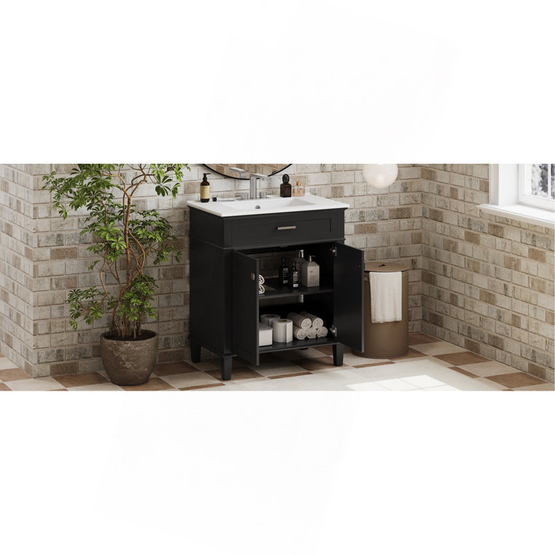 Meuble-lavabo de 30 po avec lavabo en céramique, porte à fermeture en douceur et tablettes réglables, Noir