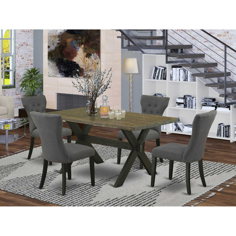 Ensemble de table de salle à manger 5 pièces comprenant une table de cuisine rectangulaire avec pieds en X et 4 chaises de salle à manger Parson en tissu Gotham foncé, noir brossé