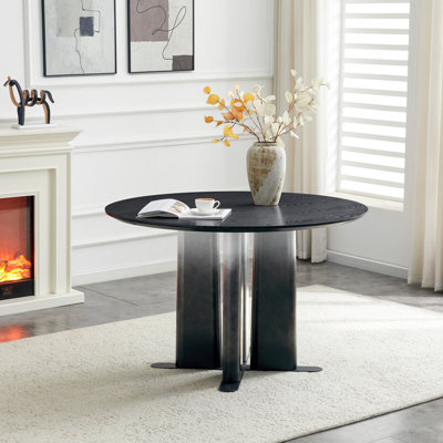 Table de salle à manger ronde en bois aggloméré noir, pieds en dégradé noir et blanc avec base en croix, table de cuisine compacte pour 2 à 4 personnes pour les petits espaces