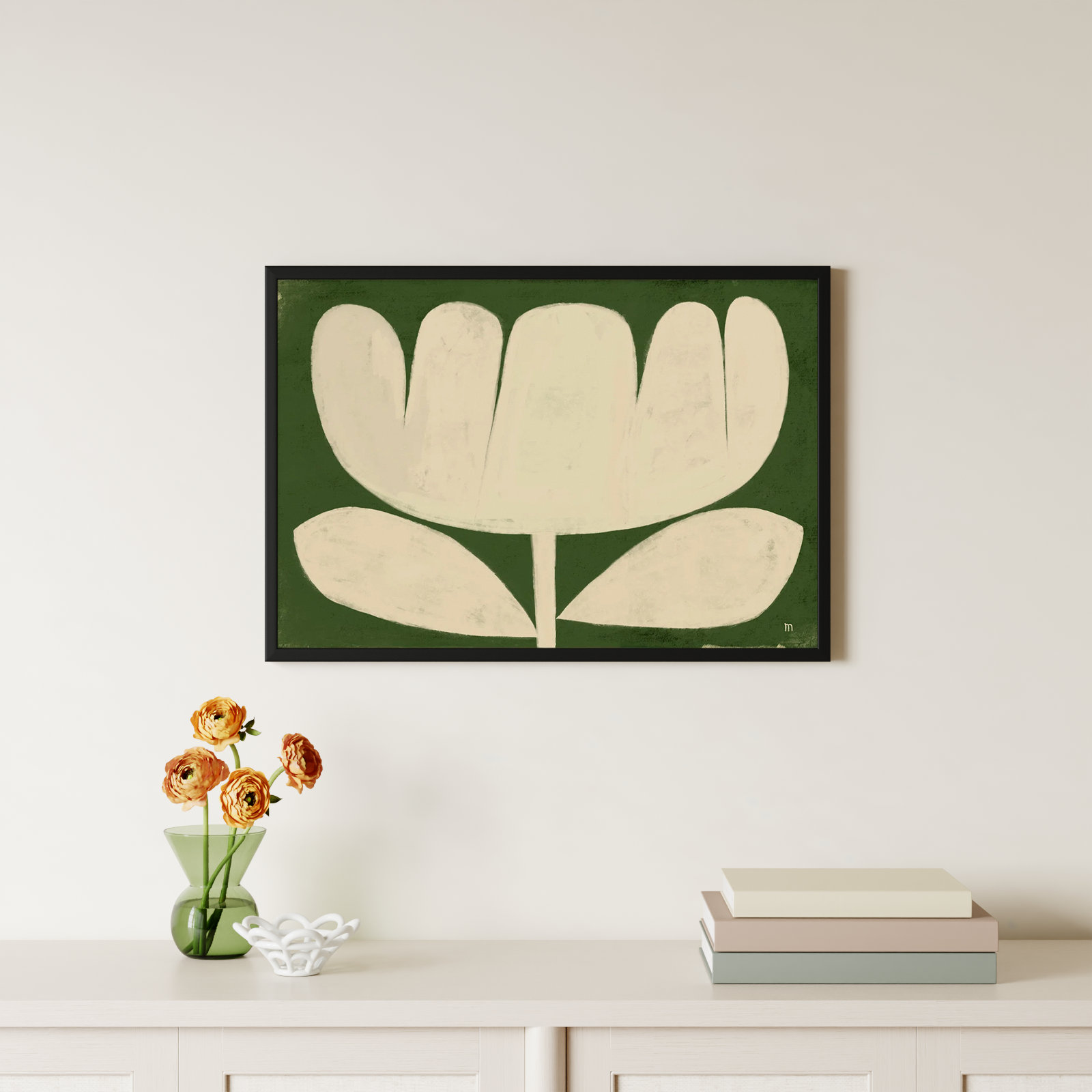 Flower on Green Painting, Black, 21" H x 30" W x 1.25" D