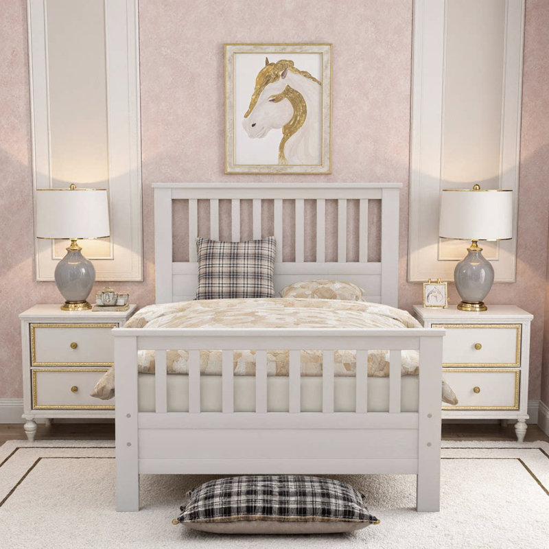 Lit plateforme classique en bois massif blanc avec tête et pied de lit - taille simple, Lit simple