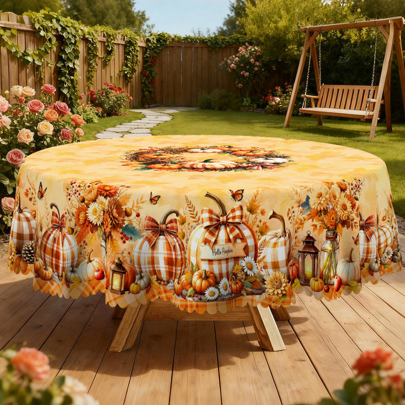 Golden Autumn Pumpkin-Patterned Machine-Washable Polyester Tablecloth