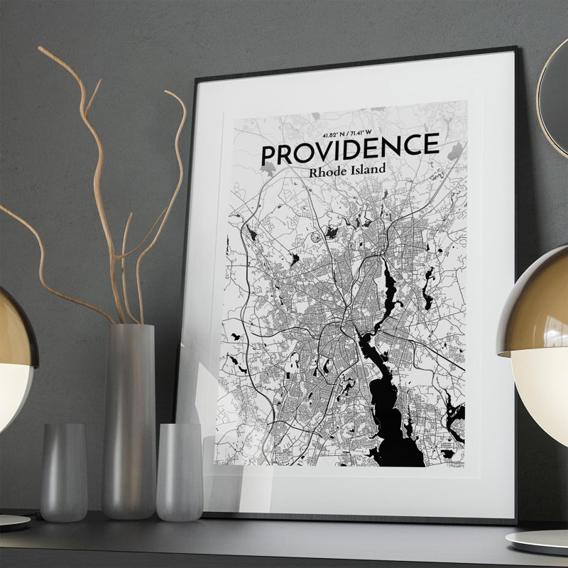 Providence, carte de la ville, impression, Noir et blanc, H 36 po x l 24 po