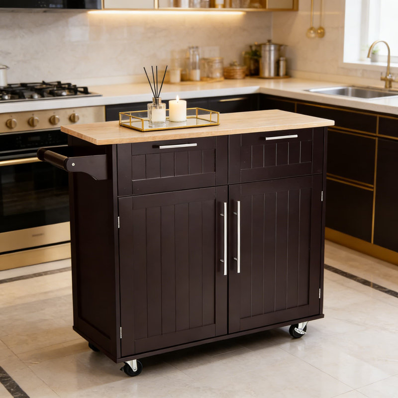 Heavy-Duty Rolling Kitchen Cart With Storage Cabinet, Pull-Out Drawers, And Towel Hanging Rod - Mobile Kitchen Island For Extra Counter Space