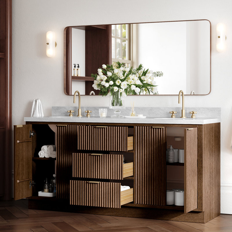 Meuble-lavabo double en bois massif de 72 po avec plateau en quartz blanc de 1,5 po Haun, Rectangulaire, Chêne brun