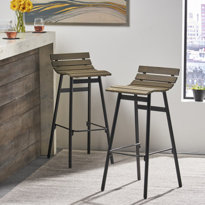  2-Piece Modern Industrial Bar Stools, Wood Slat Counter Height Chairs with Metal Legs for Dining, Gray+Black