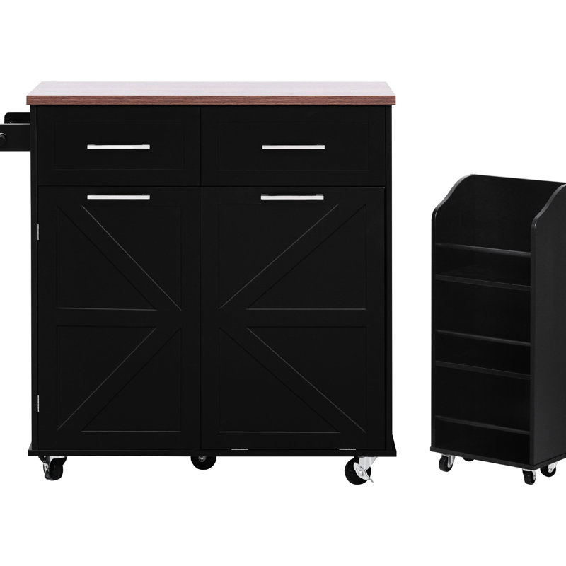 Kitchen Island, Drop Leaf, 2 Deep Drawers, Storage Cabinets, 3 Rack Shelving, Black