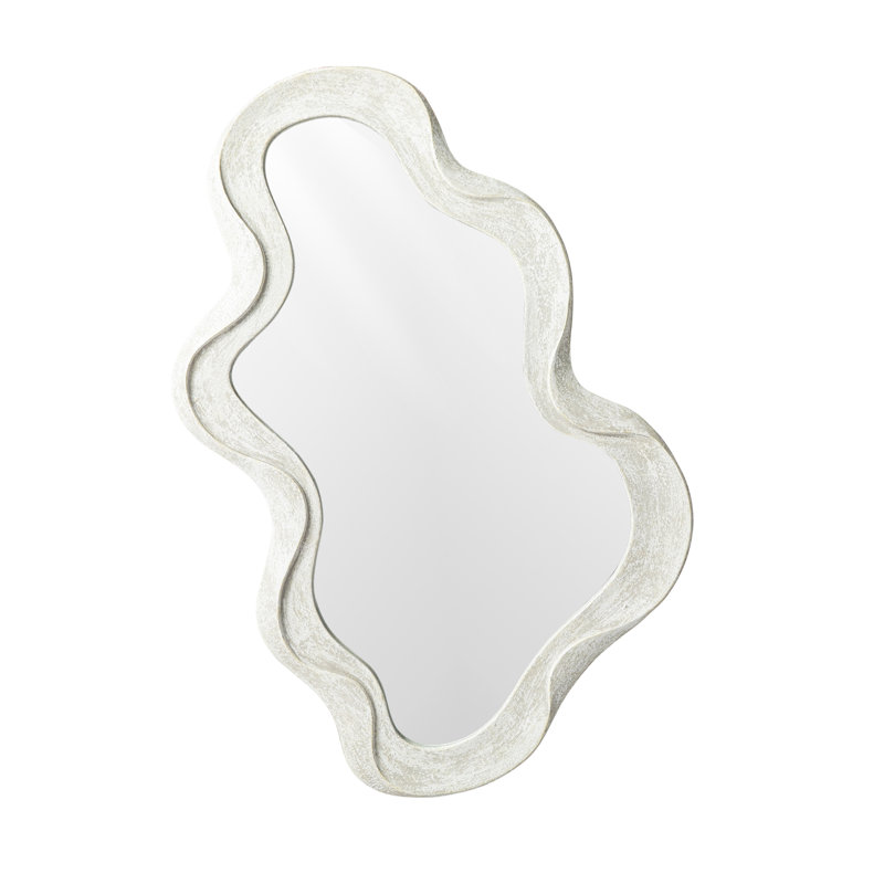 31.75"H Washed White Wood Frame Wavy Wall Mirror