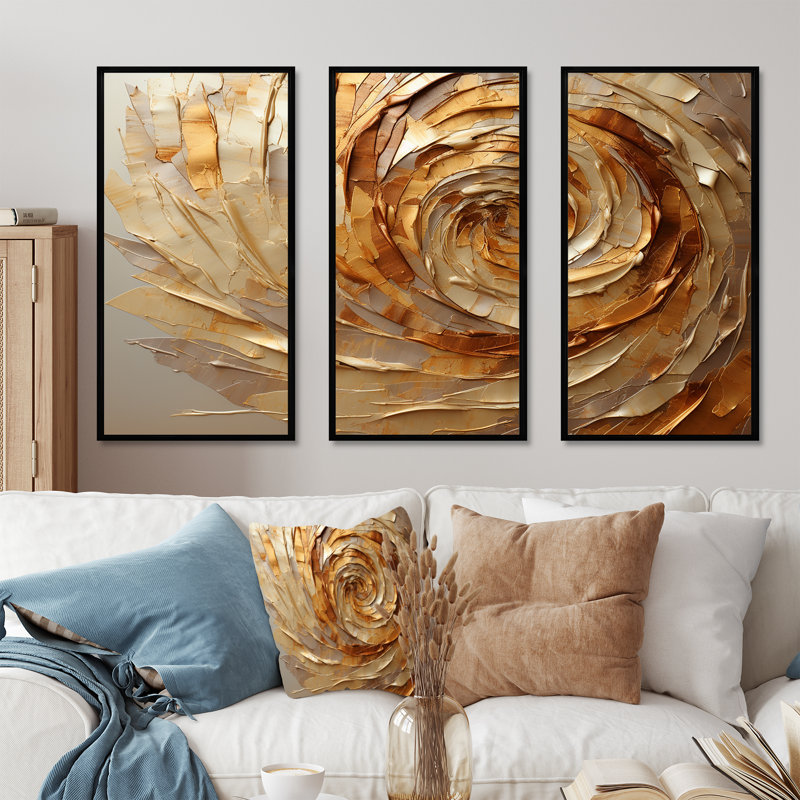 Brown Gilded Mocha Spiral - Abstract Spirals Canvas Wall Art Set, 40" H x 60" W x 1" D, Black Floater Framed