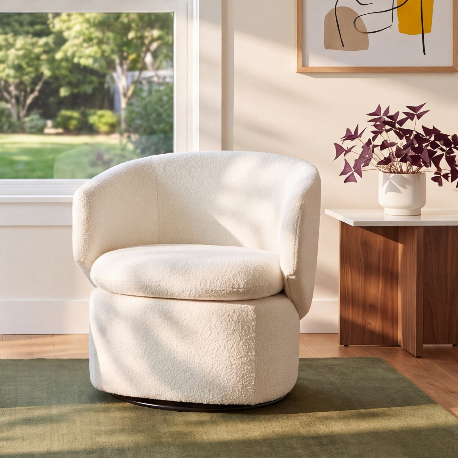 Janice Pine Swivel Barrel Chair, Ivory