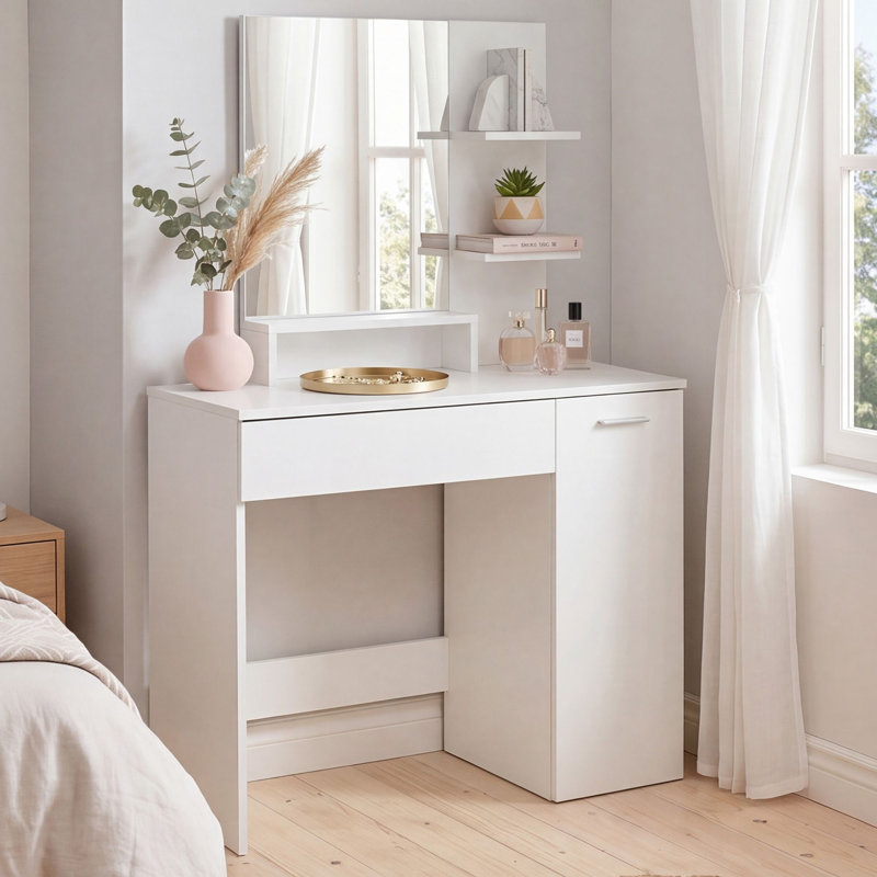 Modern White Dressing Table with Mirror, Shelf and Drawer