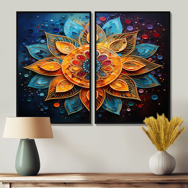 Or bleu sarcelle mandala yoga pointillisme - grandes impressions sur toile, Noir, H 36 po x l 48 po