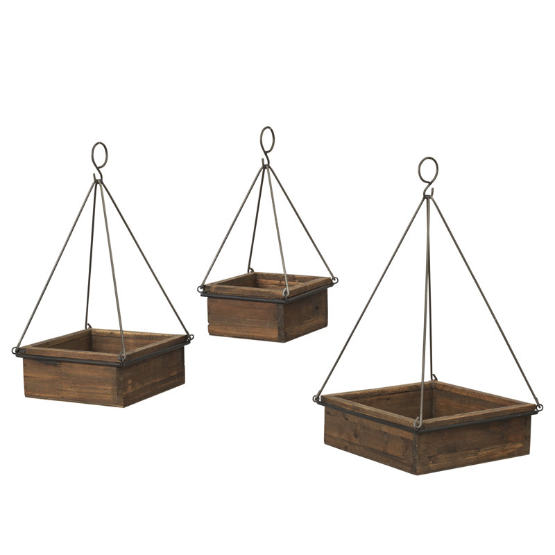 Set of 3 Wood and Metal Square Hanging Planters – Graduated Industrial Garden Troughs with Decorative Hook Supports