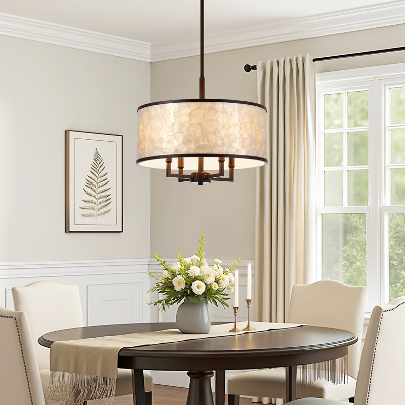 Lustre tambour en coquille de Capiz 18 lumières 4 pouces, Bronze frotté à l'huile