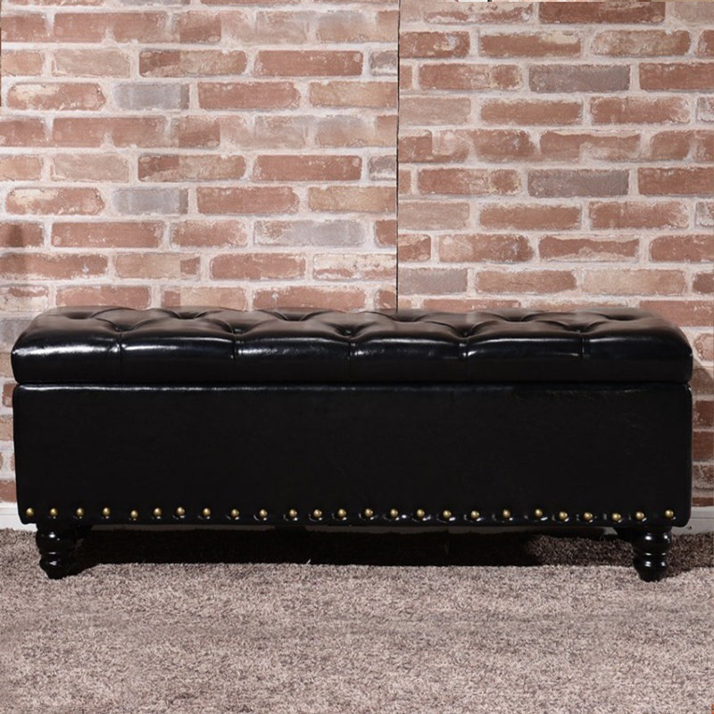 Banc de rangement en cuir capitonné clouté European Classic, Noir lustré