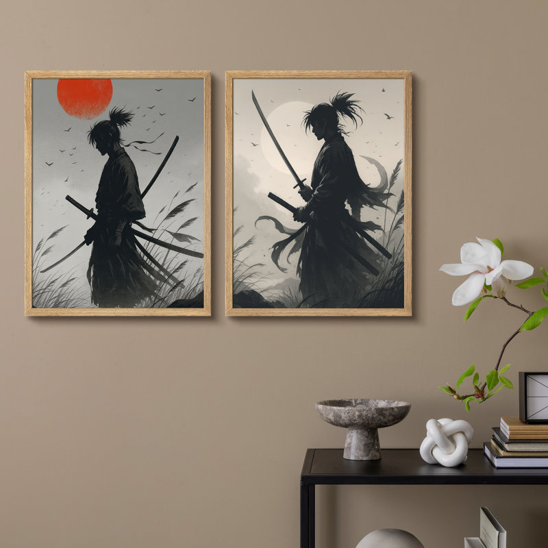 Samurai Warrior, ensemble de 2 reproductions d'art encadrées encadrées à l'encre japonaise, H 14 po x l 11 po, Naturel