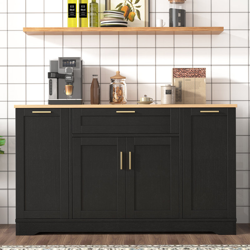 Buffet de rangement multifonctionnel avec table extensible et tablettes réglables, Naturel/noir