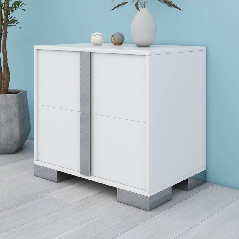 Table de chevet élégante avec pied en métal et table de chevet à miroir avec 2 tiroirs, Blanc