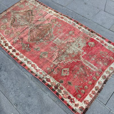 Traditional Handwoven Turkish Rug in Deep Red Hue with Intricate Geometric Design