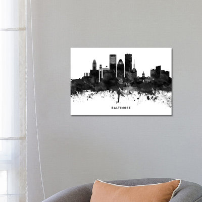 Baltimore Skyline Black And White by WallDecorAddict - Wrapped Canvas Print