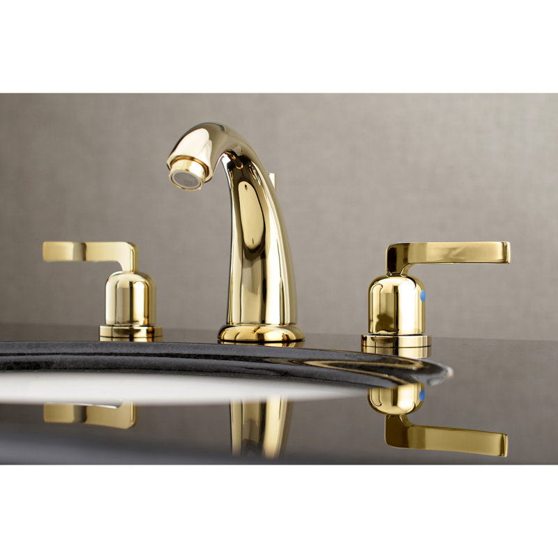 Kingston Brass Centurion Two-Handle 3-Hole Deck Mount Widespread Bathroom Faucet with Retail Pop-Up Drain, Polished Brass