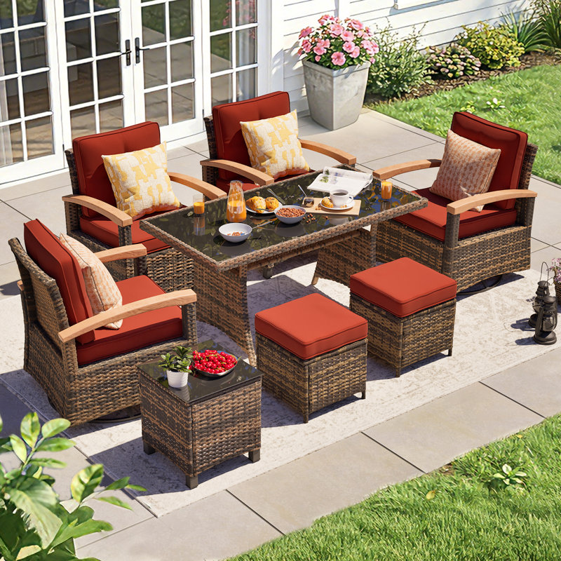 Ensemble de 8 meubles de patio, ensemble de conversation en rotin avec 2 accoudoirs pivotants en bois, 2 chaises simples fixes, 2 repose-pieds et table de salle à manger