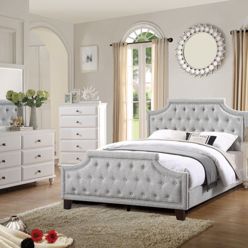 1pièce lit double capitonné bouton tête de lit meubles de chambre à coucher, Gris, Lit double