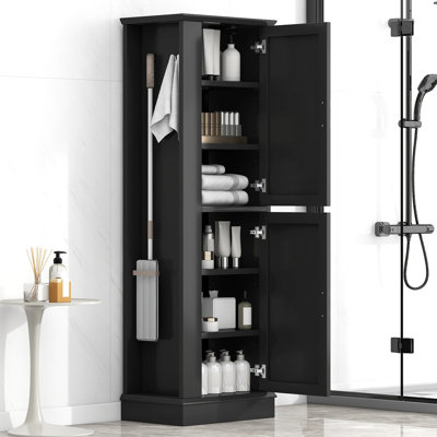 Tall Bathroom Storage Cabinet, Freestanding Storage Cabinet With Hook And Adjustable Shelf, MDF Board, Black