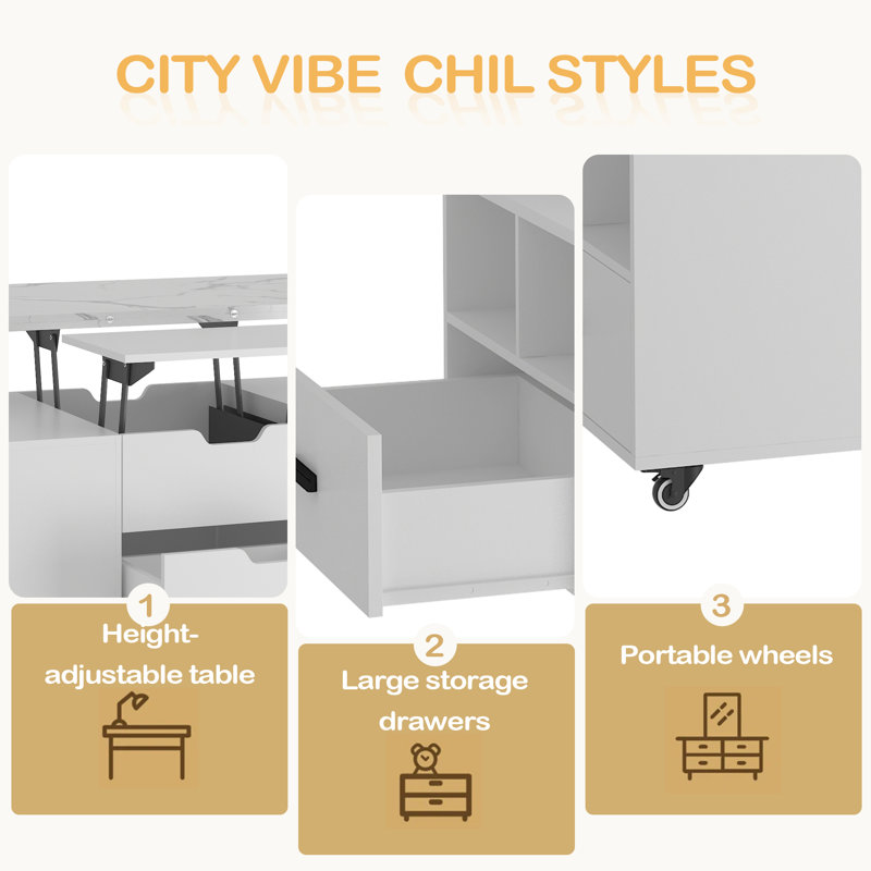 Table basse relevable moderne avec 2 tabourets pour le salon, rangement dissimulé et tiroirs, table de salle à manger pliante et peu encombrante
