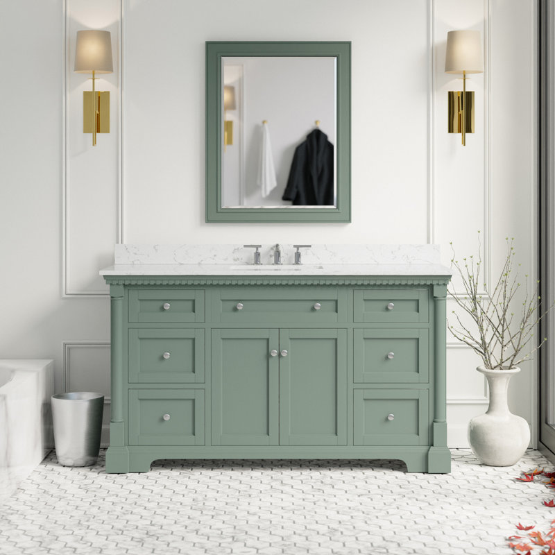 Ensemble de meuble-lavabo simple 60 po Fossen, Vert sauge, Marbre d'ingénierie