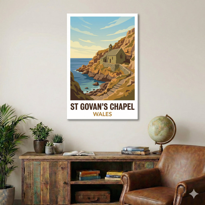 St Govan's Chapel, Wales - Cliff-side Romance Travel Poster. Giclee Print On Wrapped Canvas. Wall Art, Home Decor - Religious & Cultural Sites, Wales - Wrapped Canvas Print