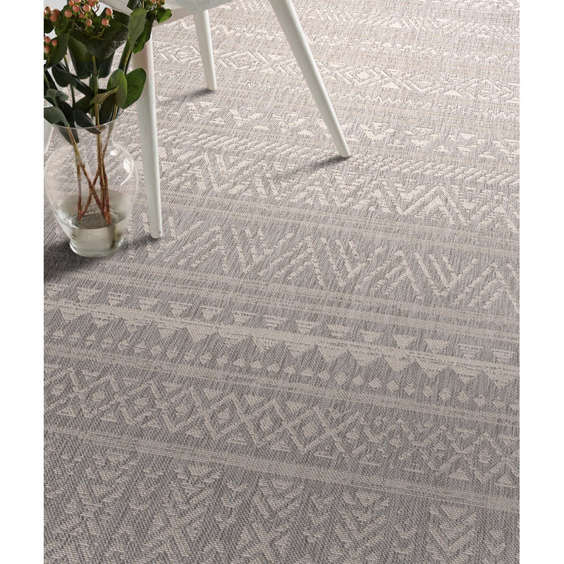 Tapis intérieur / extérieur gris / beige à tissage plat abstrait Jaboris, Rectangle 8 pi x 10 pi