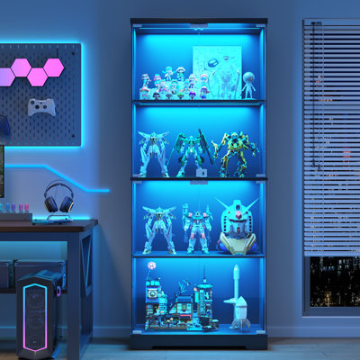 Vitrine vitrée de 170 cm de haut avec éclairage à capteur RVB, armoire de rangement verrouillable à 4 niveaux