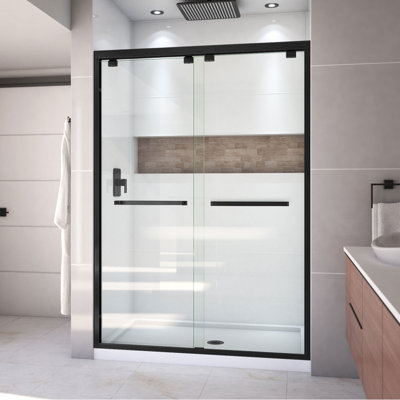 DreamLine Encore P 32 po x l 54 po x H 78 3/4 po Porte de douche semi-encadrée en noir mat avec base de douche blanche à drain central